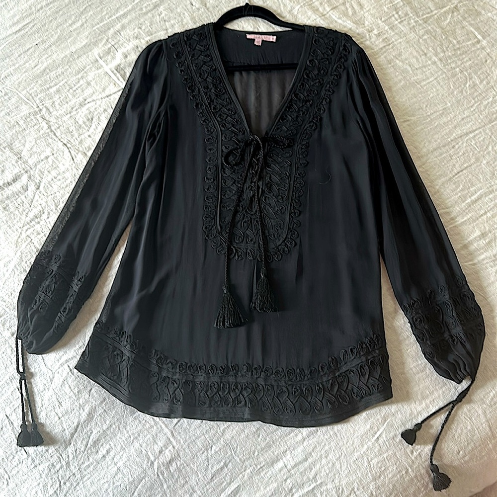 CALYPSO ST Barth - Black Chiffon Tunic w/ Passementerie Ribbon& Tassel Trim - S.